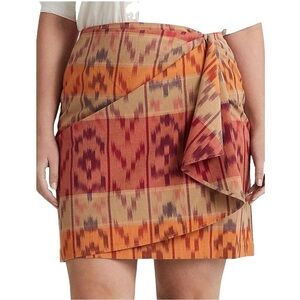 Lauren Ralph Lauren Geo-Motif Cotton-Linen Wrap Skirt brown orange Sz 12